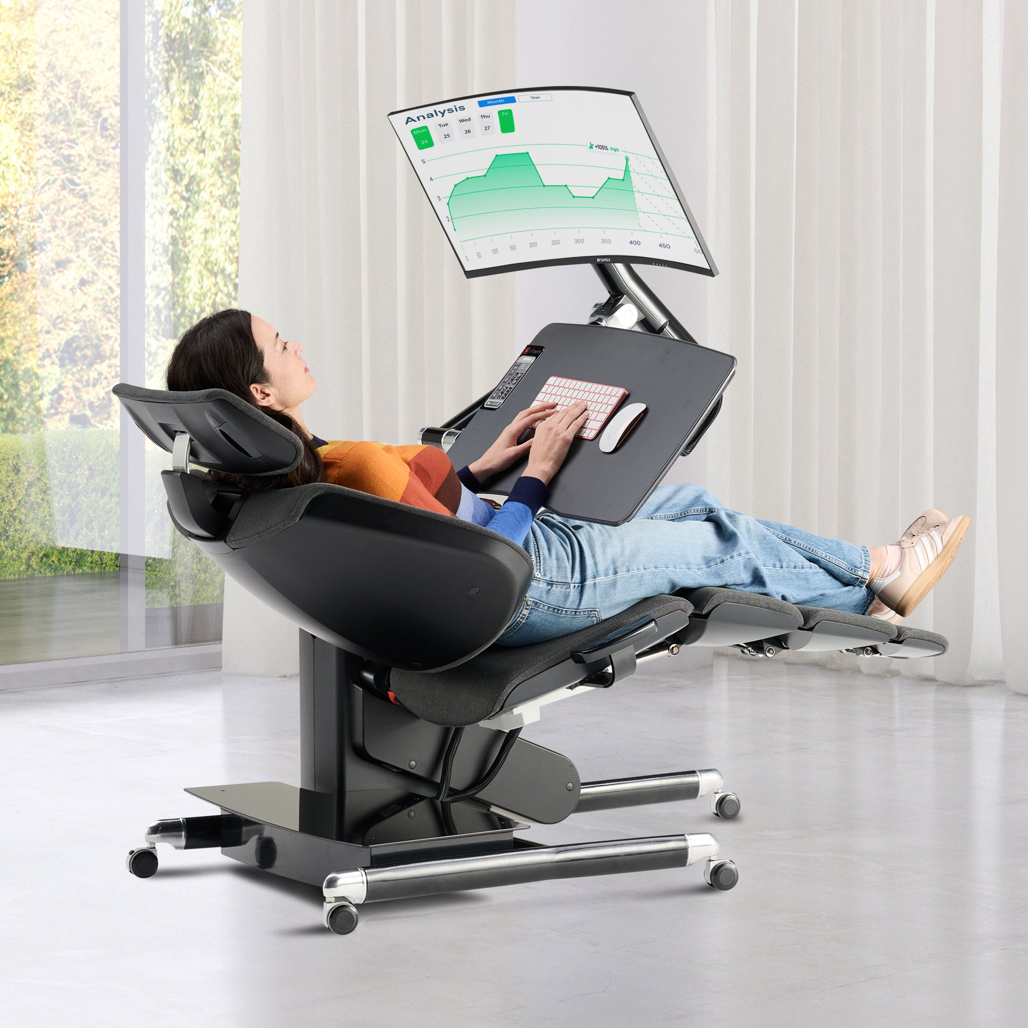 Altwork Signature Station: Adjustable workstation with reclining seat and monitor mount shown in zero-gravity position