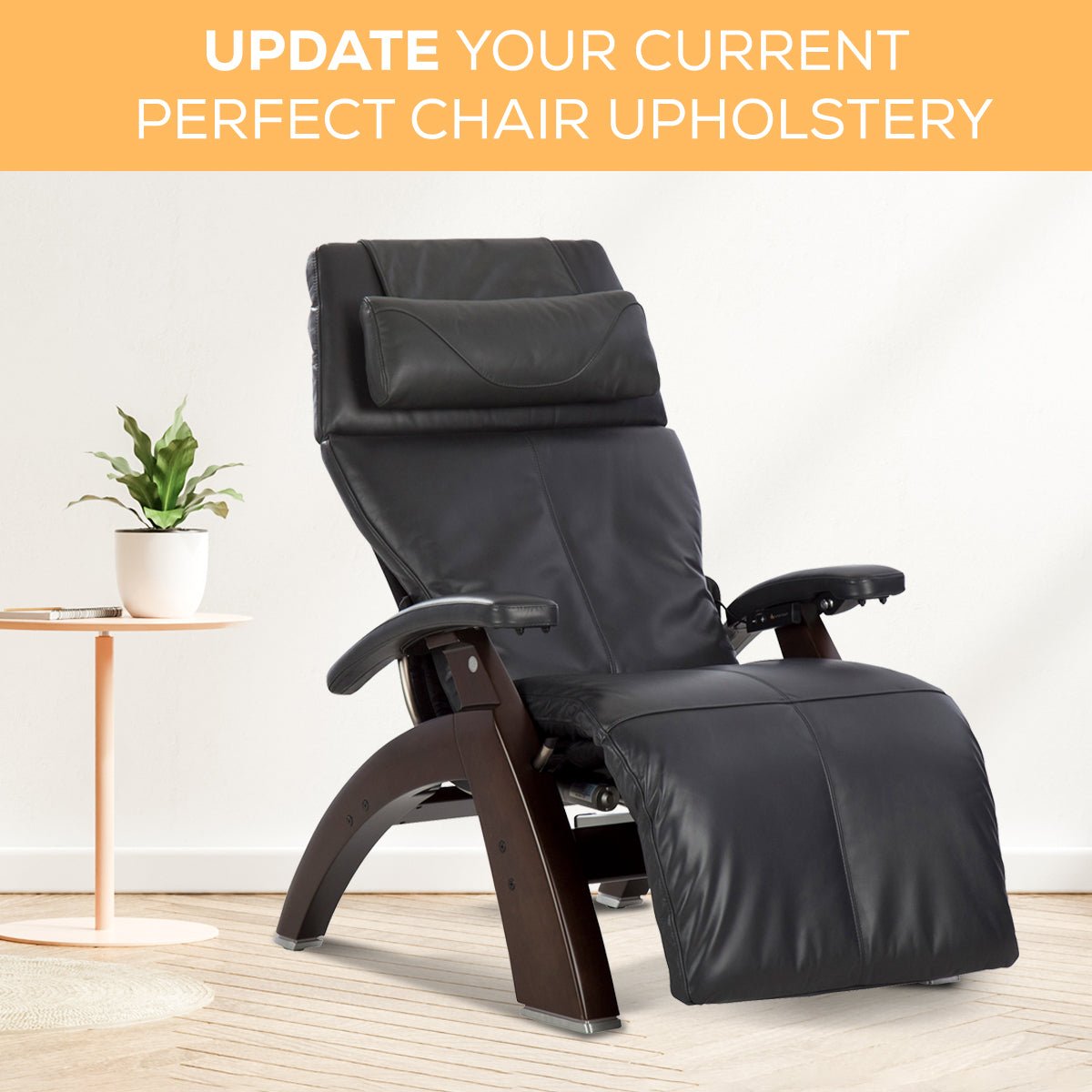 Black recliner chair with wooden frame in a room setting, promotional text above.