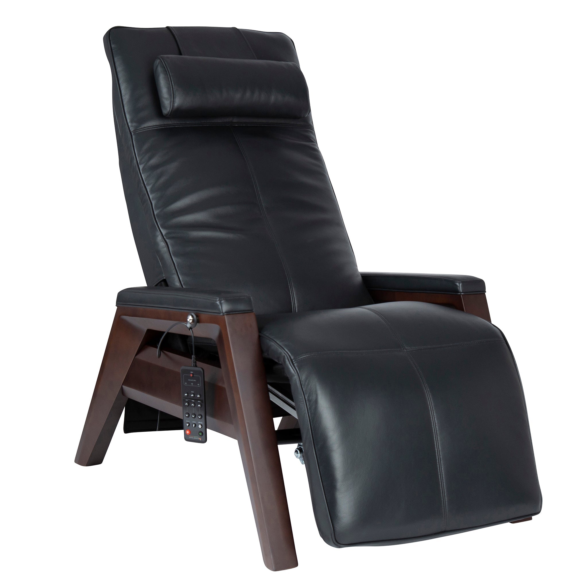 Gravis ZG Chair in black leather with wooden base, remote control and zero-gravity recline position