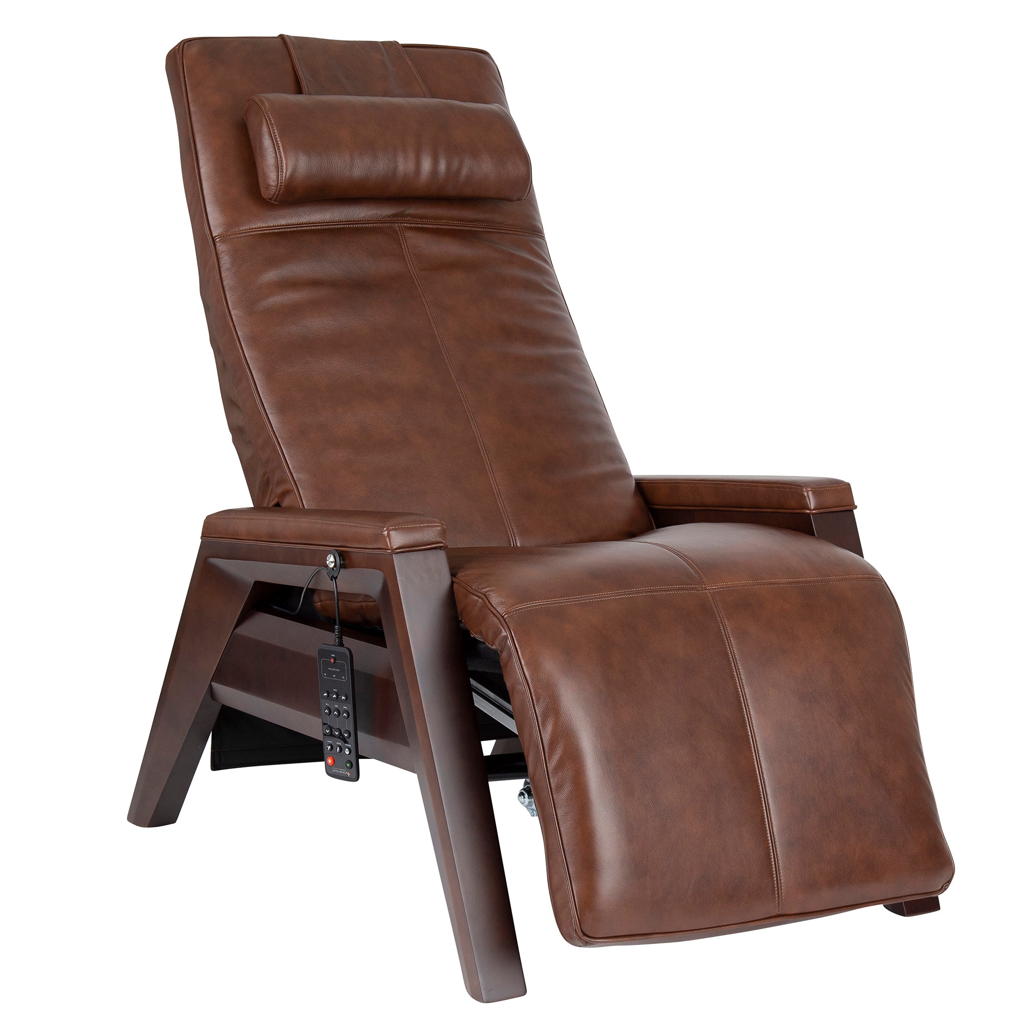 Gravis ZG Chair in brown leather featuring zero gravity recline, adjustable headrest and remote control on wooden base