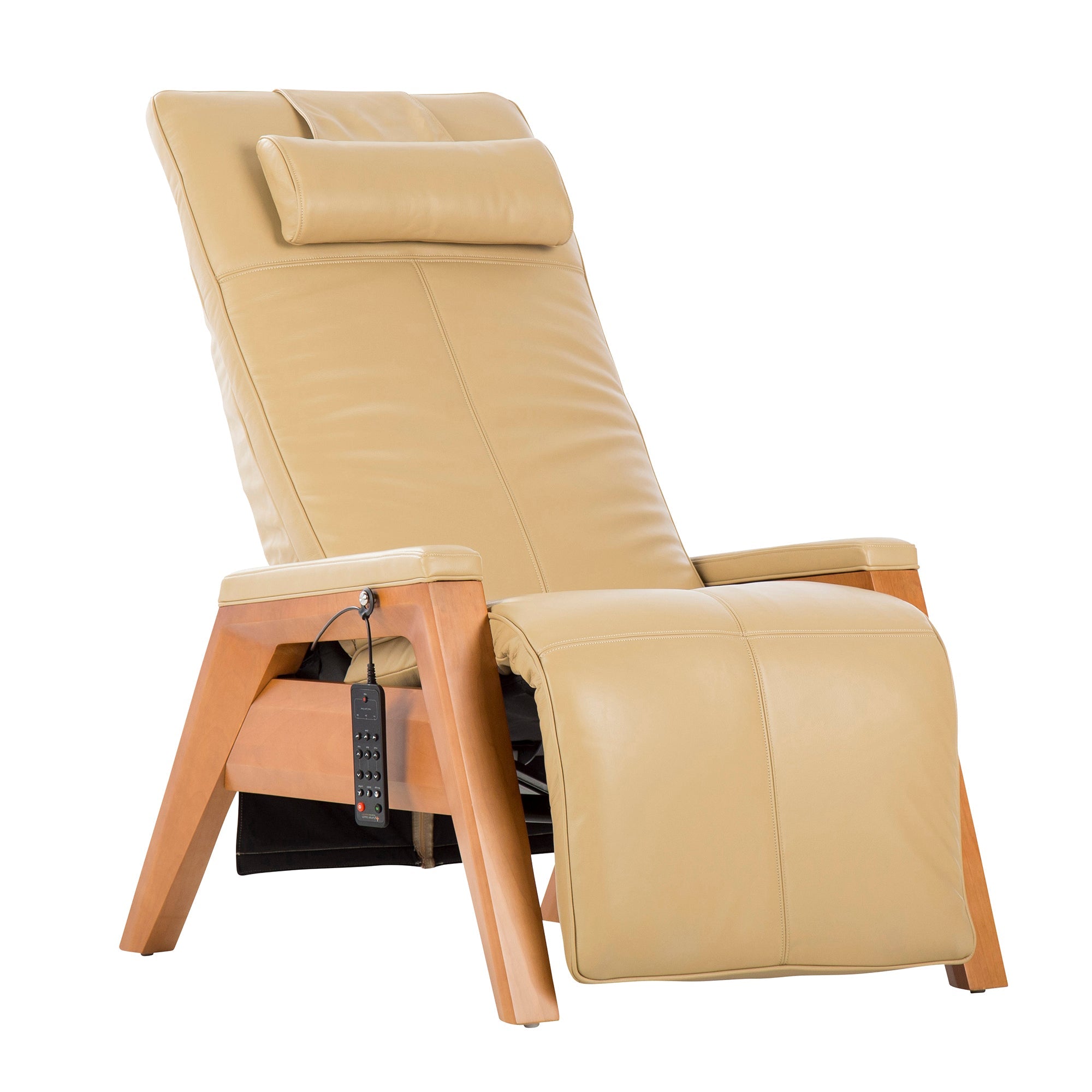 Gravis ZG Chair in beige leather with wooden base, featuring adjustable headrest and zero gravity reclining position