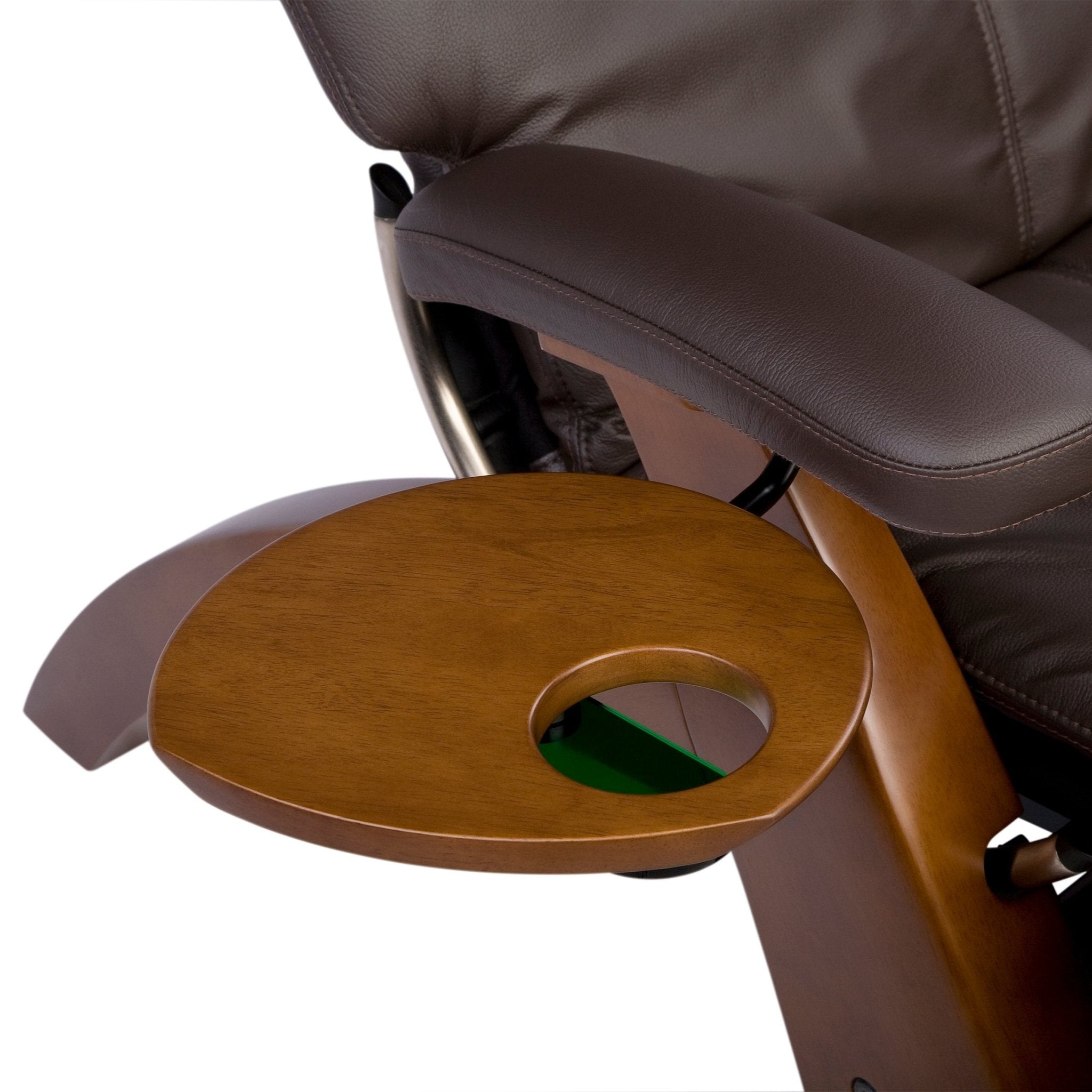 Perfect Chair Accessory Table with curved wooden surface attached to brown leather recliner armrest