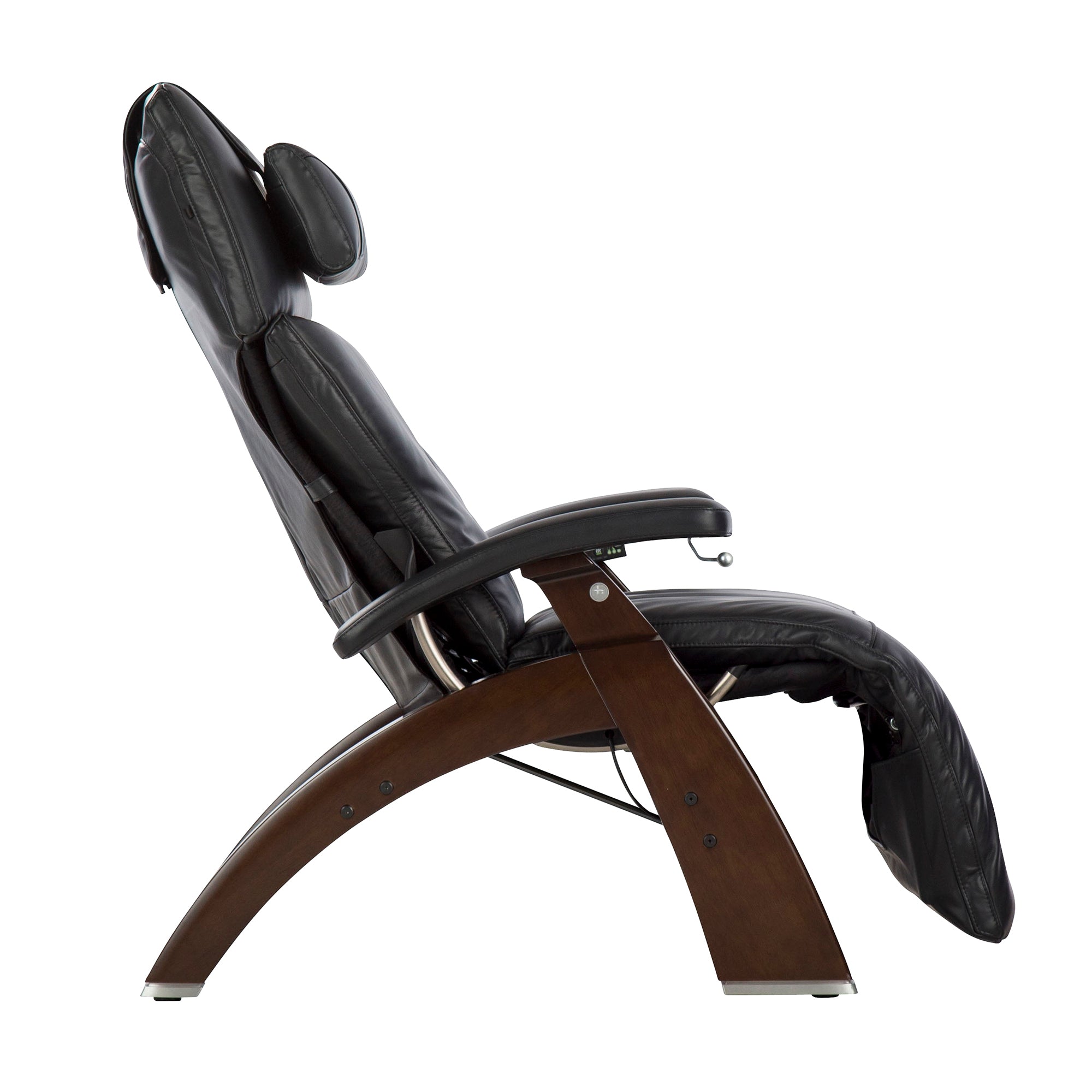 Perfect Chair PC-420 Classic Manual Plus recliner in black leather with wooden base shown in reclined position