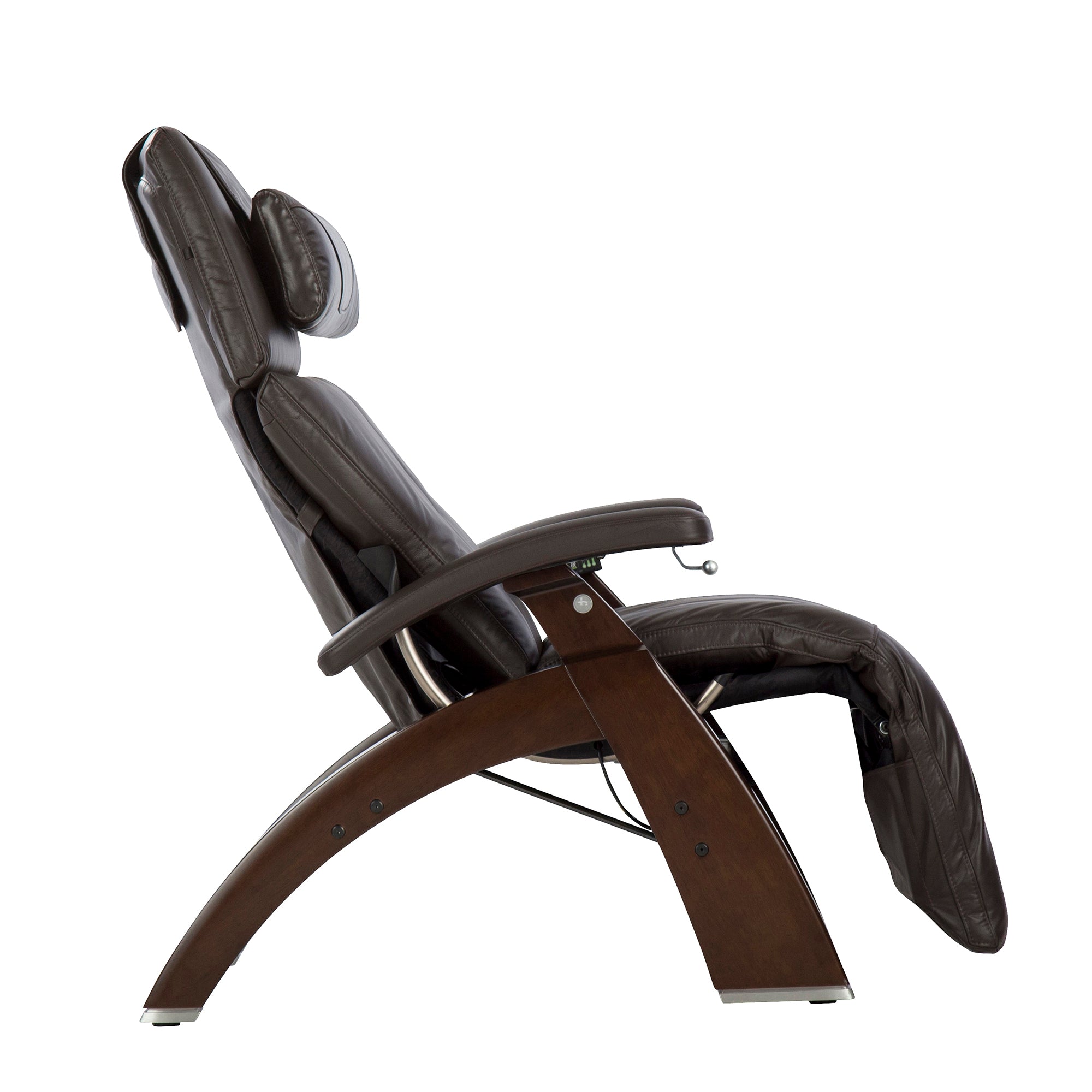 Perfect Chair PC-420 Classic Manual Plus recliner shown in black leather with wooden base in zero gravity position