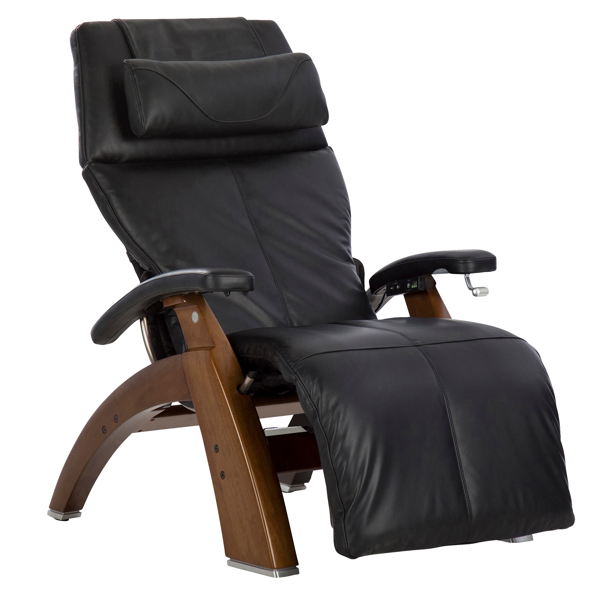 Perfect Chair PC-420 Classic Manual Plus zero-gravity recliner in black leather with wooden base, shown fully reclined