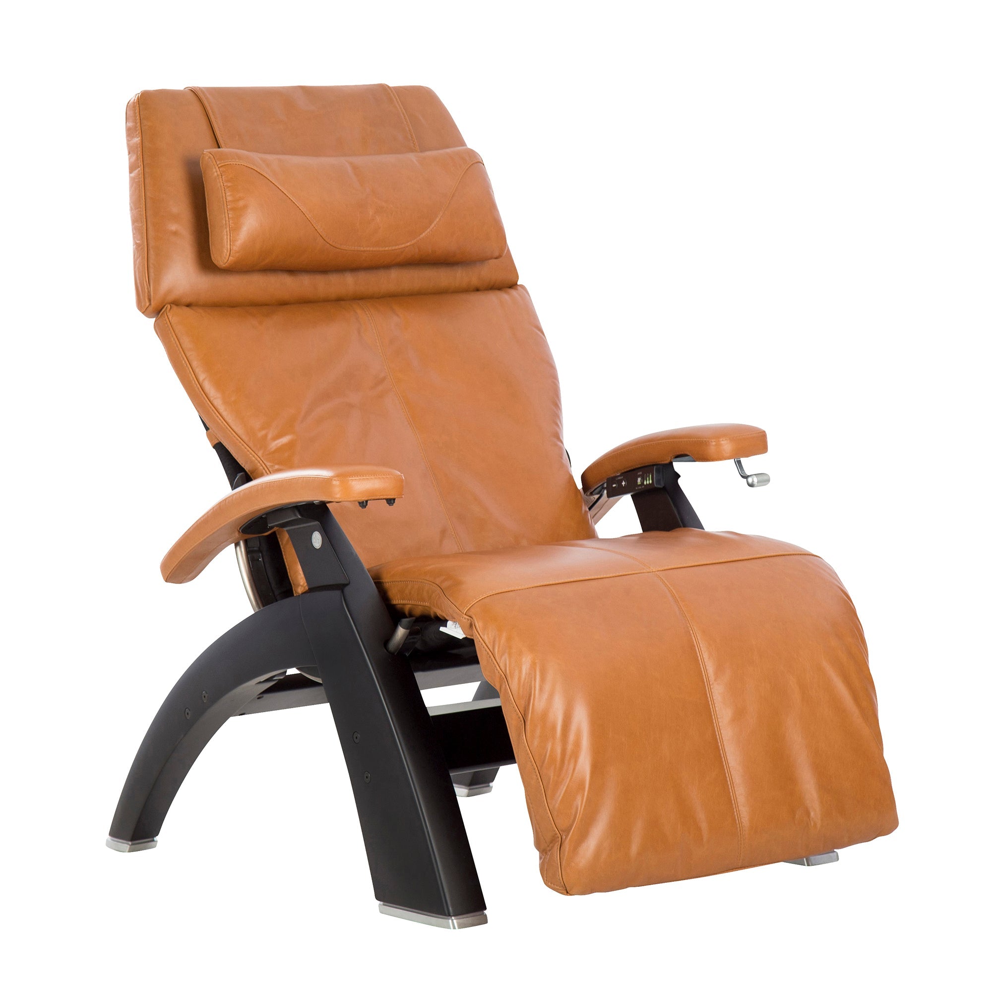 Perfect Chair PC-420 Classic Manual Plus recliner in tan leather with black base, shown in zero-gravity position
