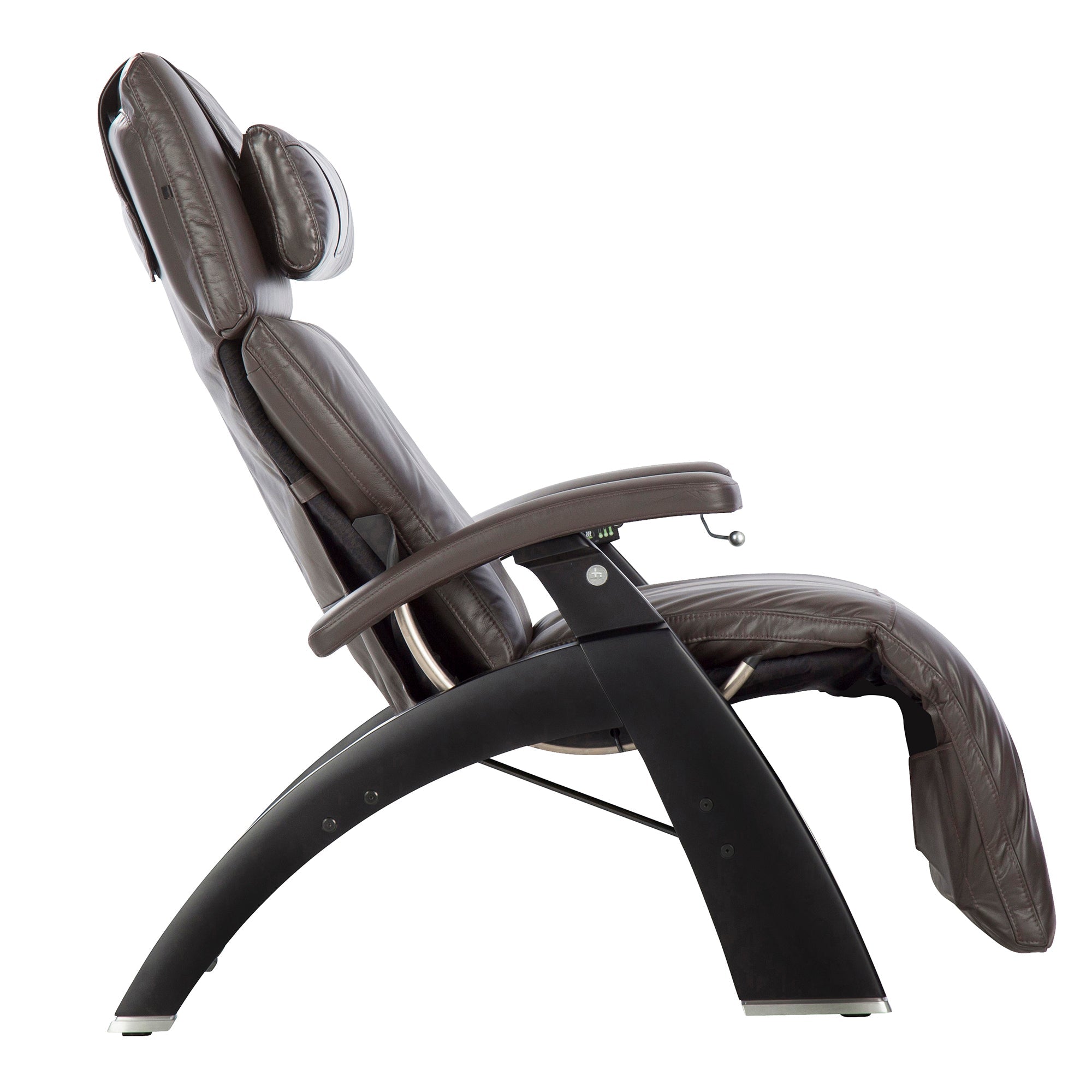 Perfect Chair PC-420 Classic Manual Plus recliner in brown leather with curved black base, shown in side profile