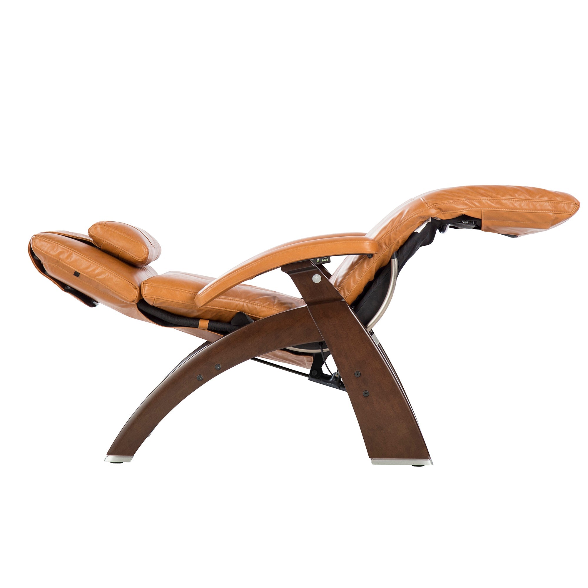 Perfect Chair PC-420 Classic Manual Plus recliner in cognac leather with dark wood base shown in reclined position