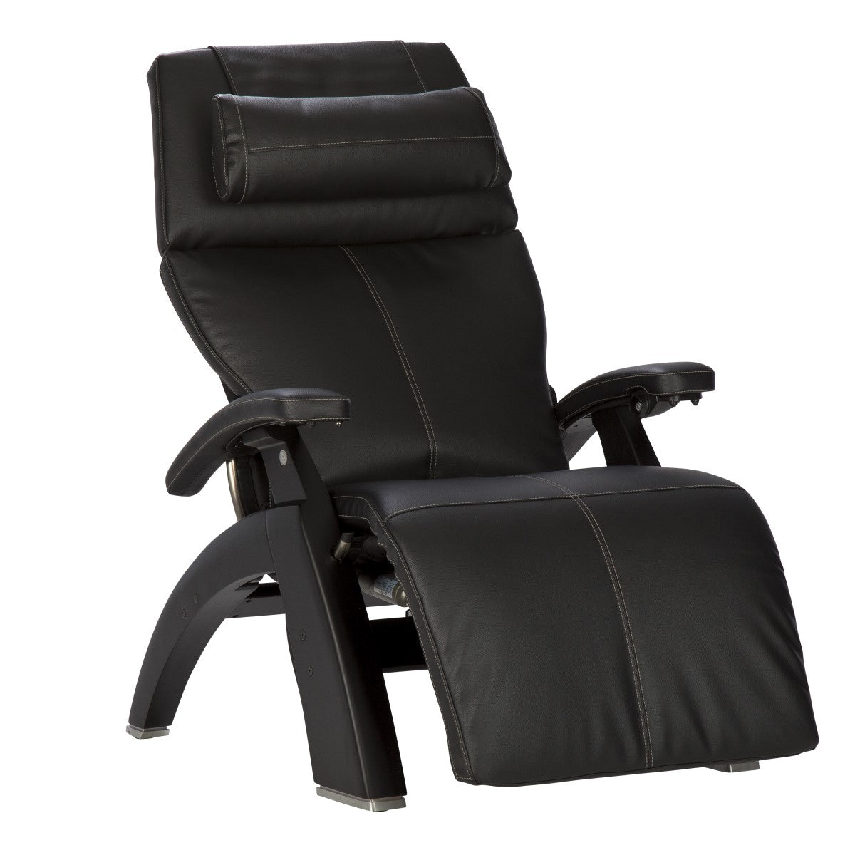 Perfect Chair PC-610 Omni-Motion Classic zero-gravity recliner in black leather with curved wooden base and adjustable headrest