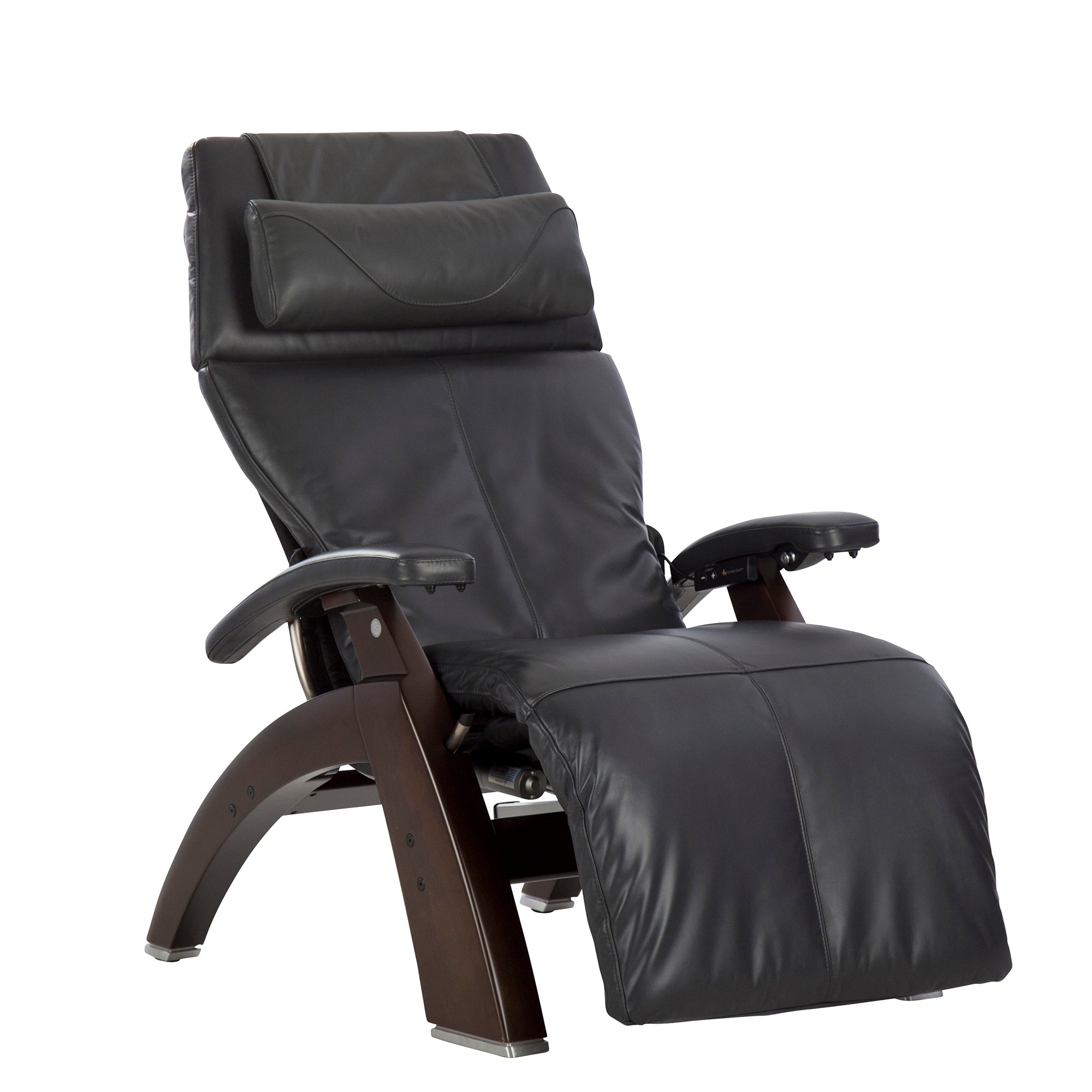 Perfect Chair PC-610 Omni-Motion Classic recliner in black leather with dark wood base, shown in full recline position