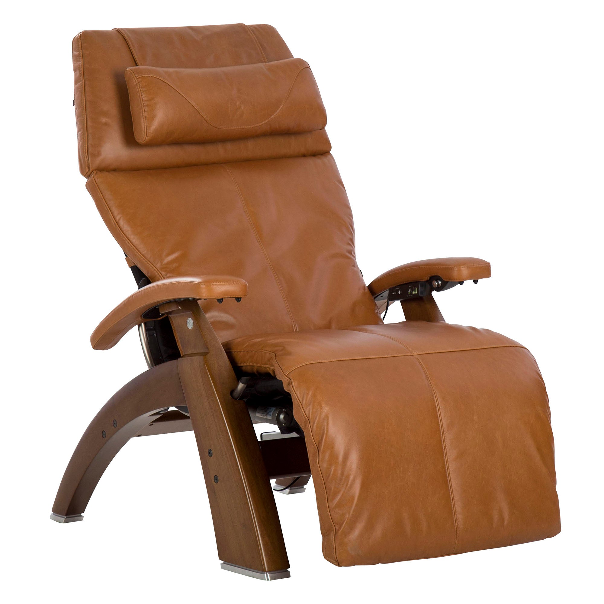 Perfect Chair PC-610 Omni-Motion Classic recliner in cognac leather with wooden base, featuring zero-gravity positioning