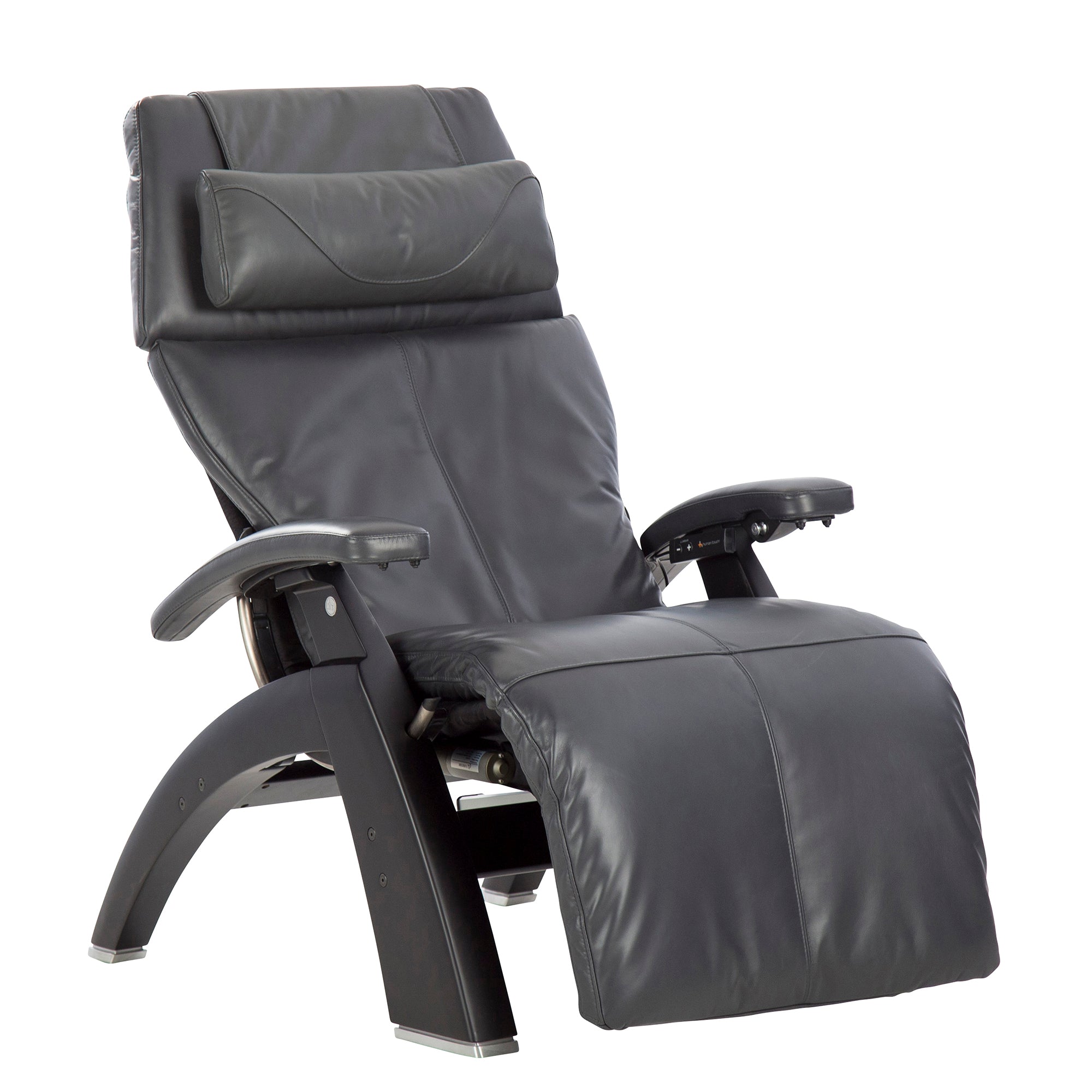 Perfect Chair PC-610 Omni-Motion Classic zero-gravity recliner in gray leather with black base and adjustable headrest