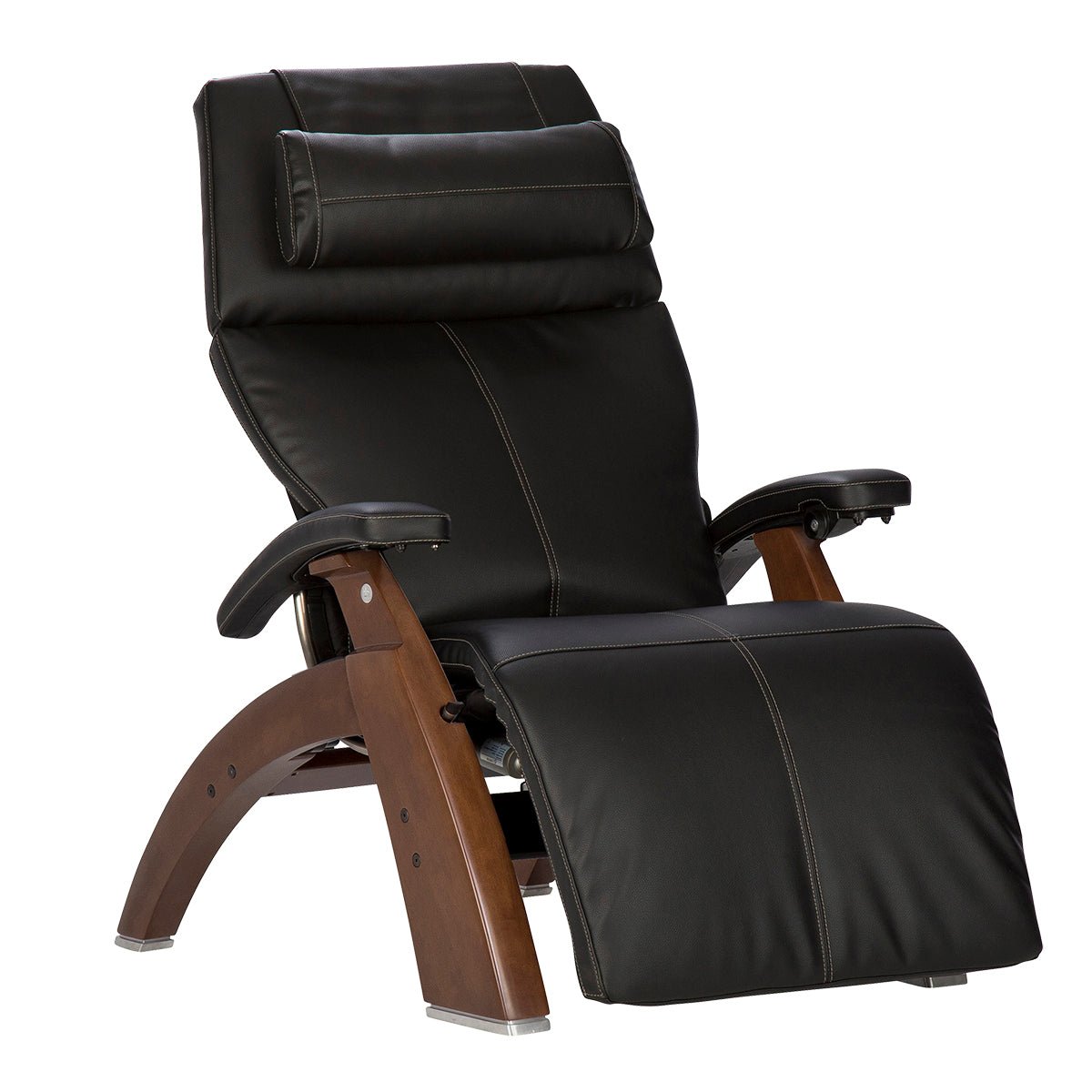 Perfect Chair PC-610 Omni-Motion Classic recliner in black leather with wooden base, shown in zero-gravity position