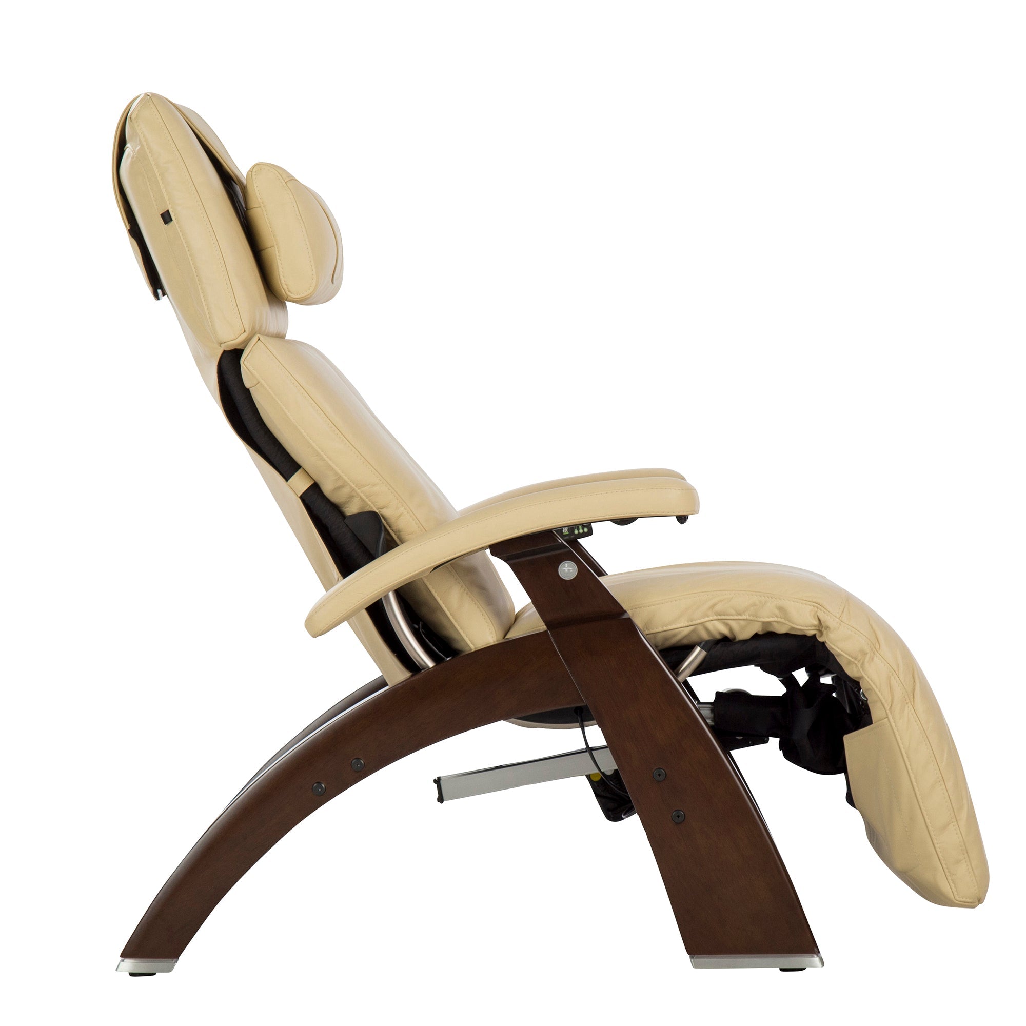 Perfect Chair PC-610 Omni-Motion Classic recliner in cream leather with wood base, shown in reclined zero-gravity position