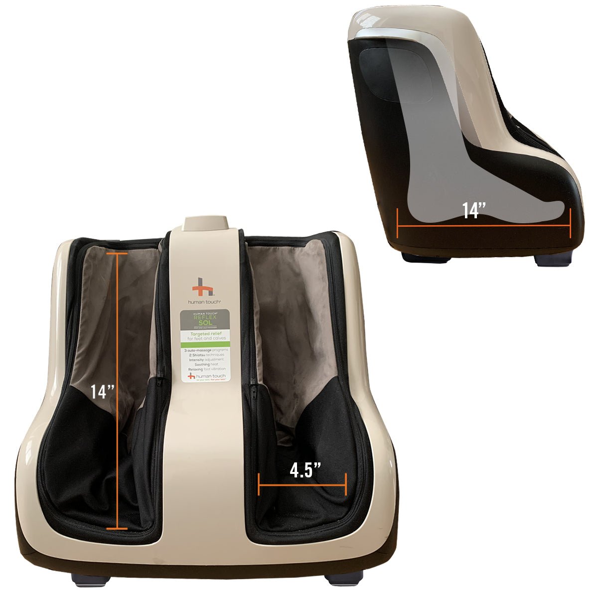 Reflex SOL Foot and Calf Massager shown from front and side view with measurement indicators for dimensions