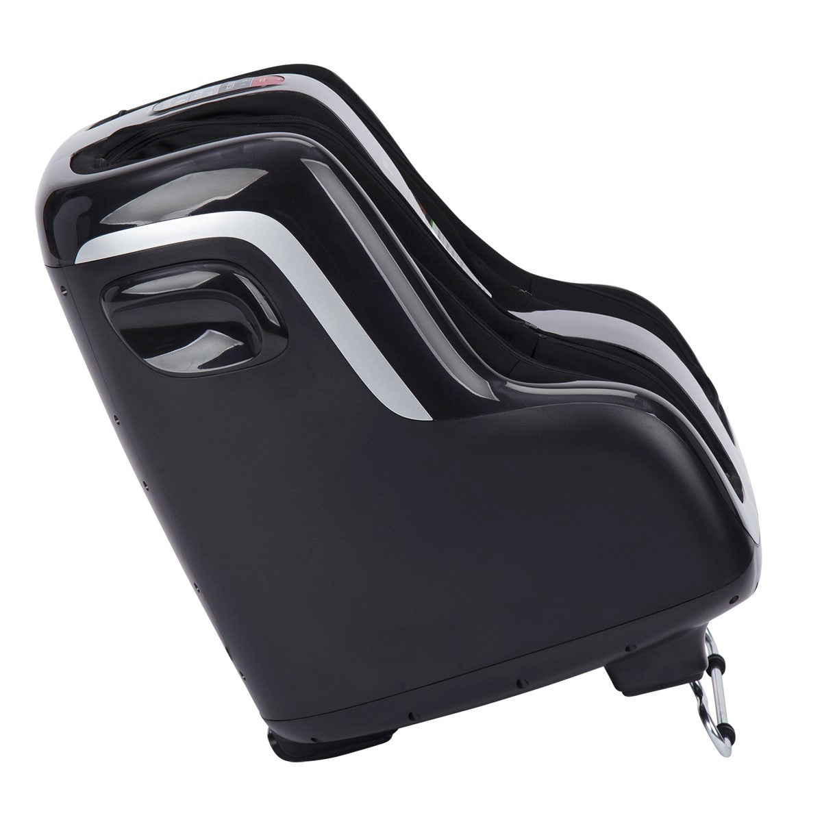 Reflex5s Foot and Calf Massager shown in sleek black design with silver accents, side view of therapeutic massage device