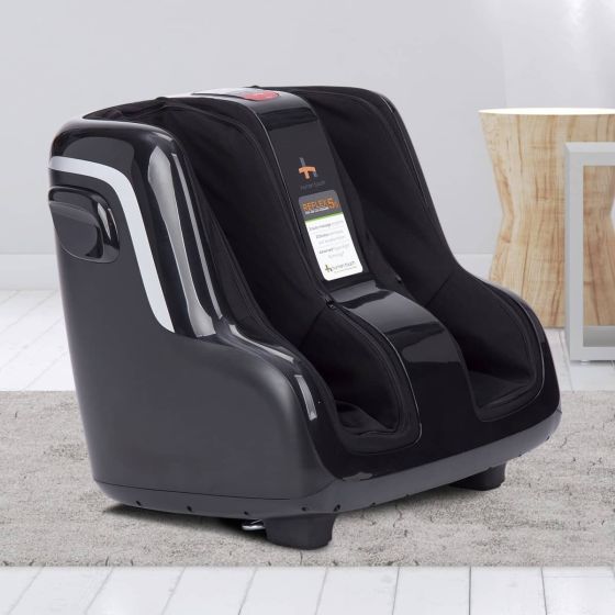 Reflex5s Foot and Calf Massager in black with sleek design on gray carpet, modern home setting