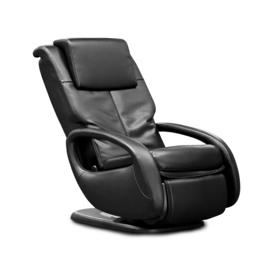 WholeBody 7.1 massage chair in black leather with curved design and headrest, positioned on circular base