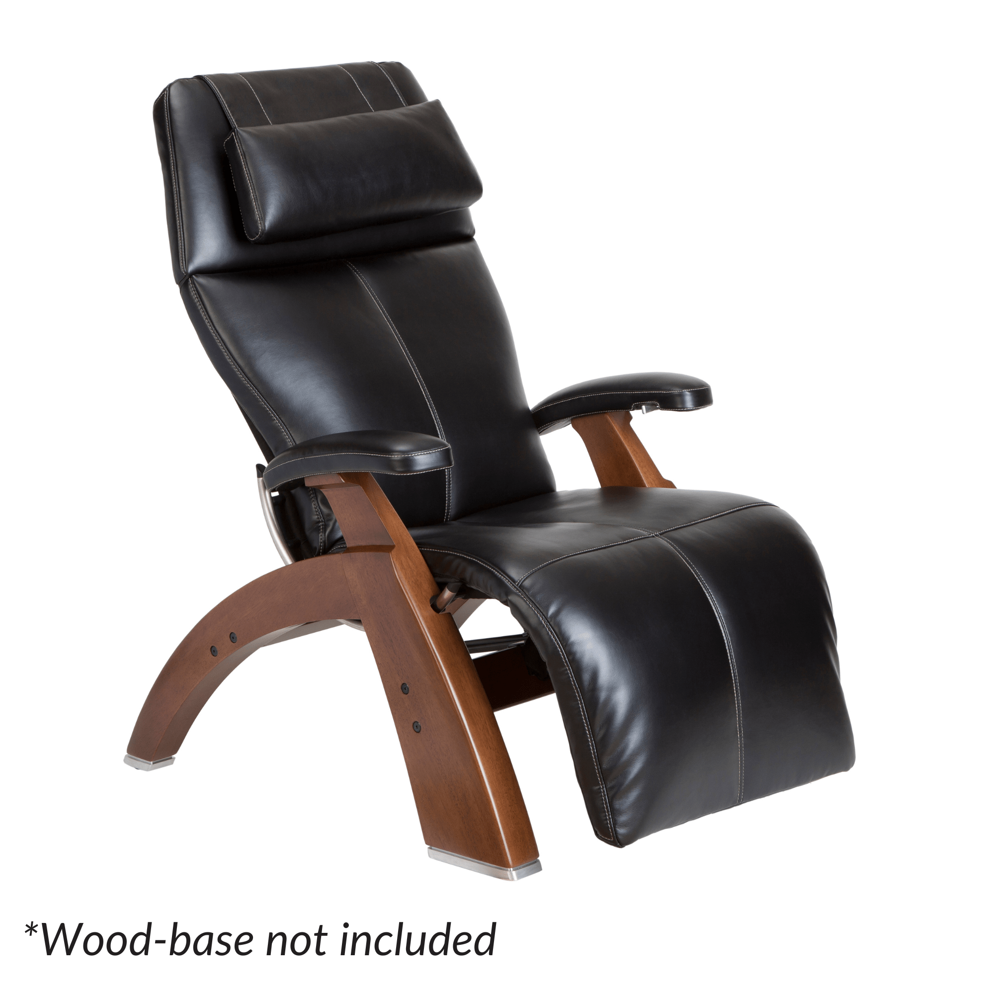 Black leather recliner chair with wooden base on a white background