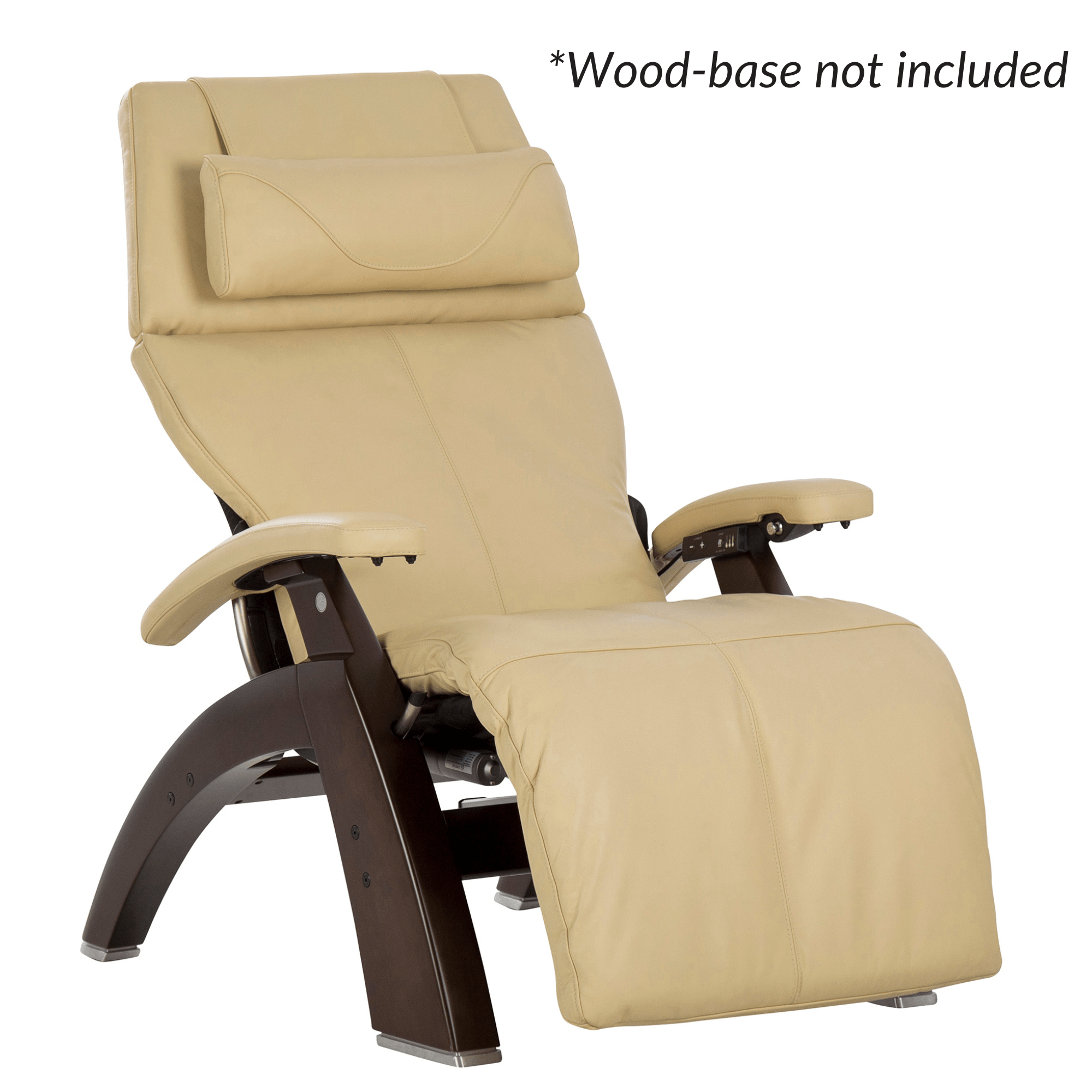 Beige recliner chair with wooden base on a white background