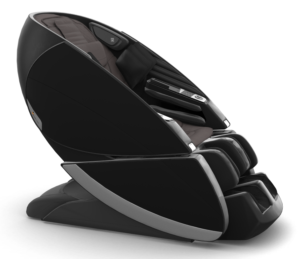 Super Novo X Massage Chair in sleek black design with modern teardrop shape and silver accents, featuring upward-pivoting doors