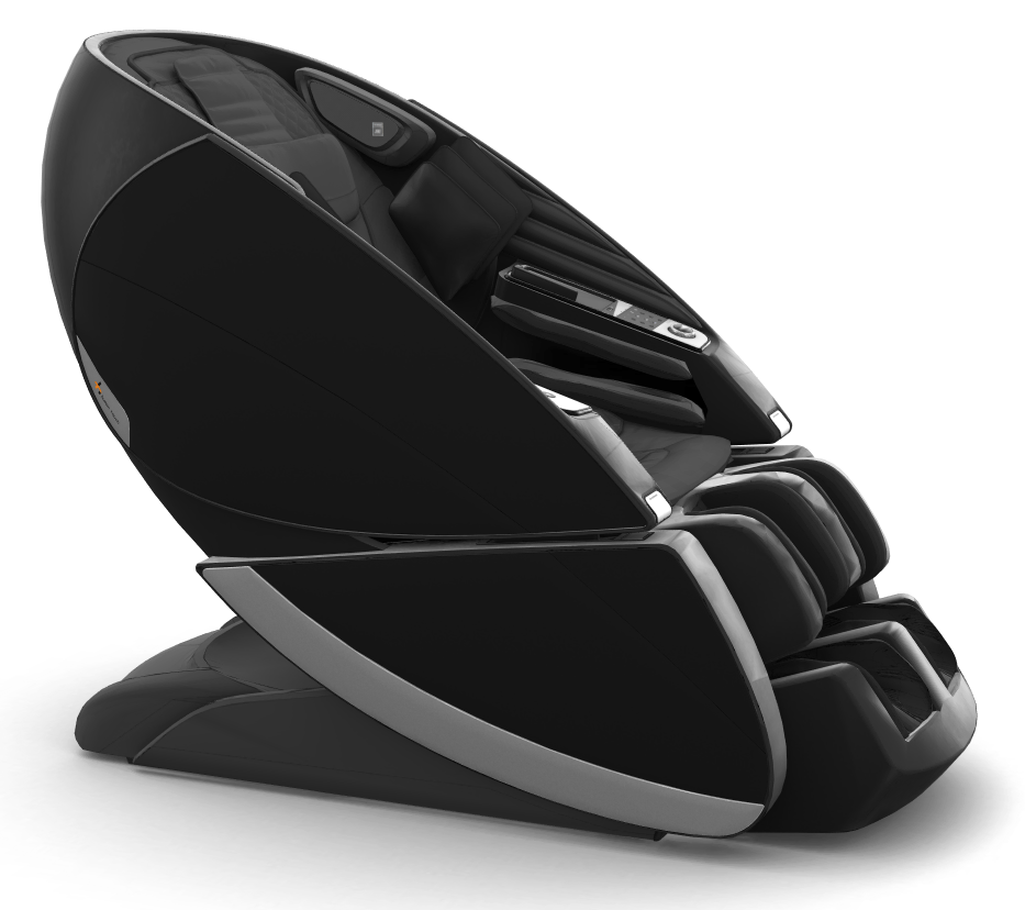 Super Novo X Massage Chair in black with sleek teardrop design, featuring premium upholstery and silver accents