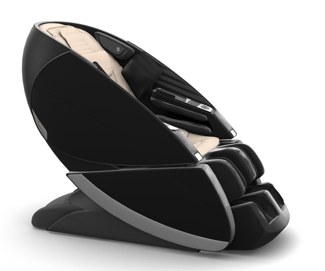 Super Novo X massage chair in black with beige interior, featuring curved teardrop design and modern control panel