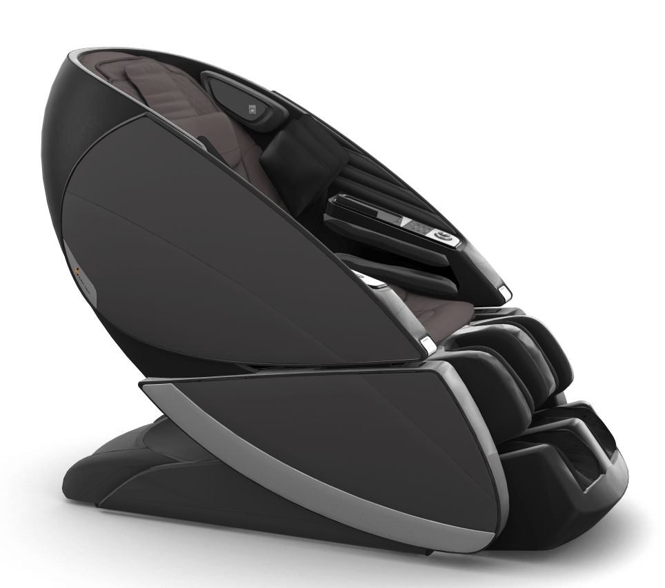 Super Novo X Massage Chair in black with sleek teardrop design, silver accents and upward-pivoting doors for easy access