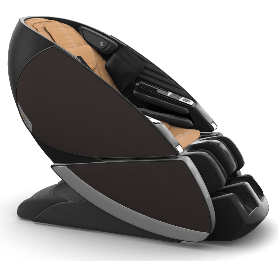 Super Novo X Massage Chair shown in brown and black with sleek teardrop design and upward-pivoting doors