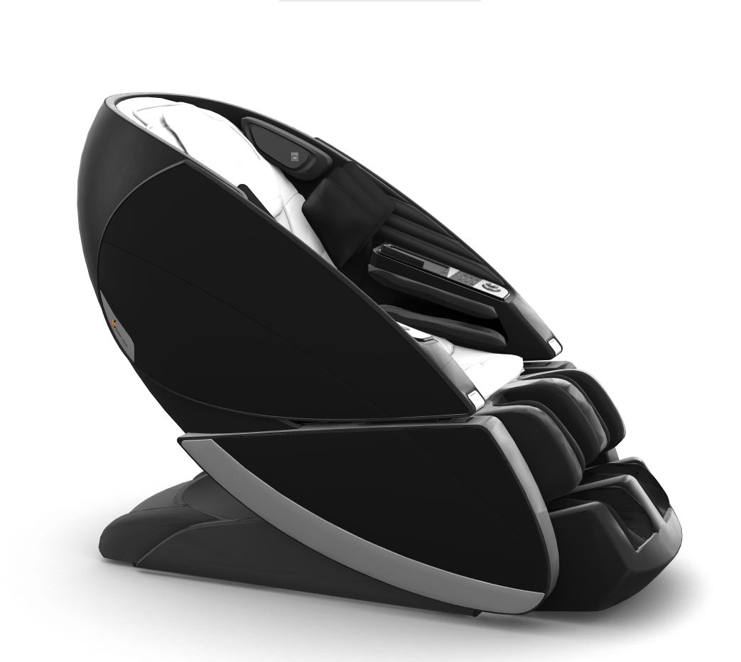 Super Novo X Massage Chair in sleek black with teardrop design, side view showing reclining position and upward-pivoting doors