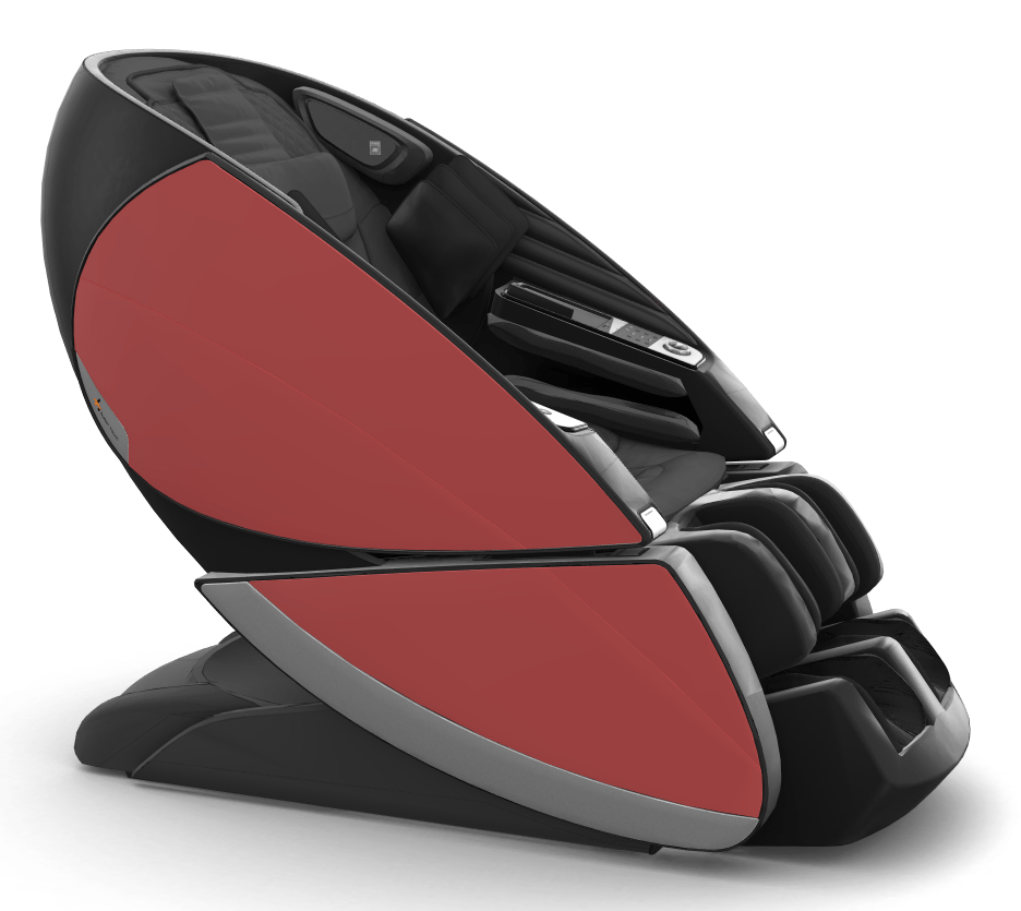 Super Novo X Massage Chair in black and red with modern teardrop design and upward-pivoting doors for full-body massage comfort