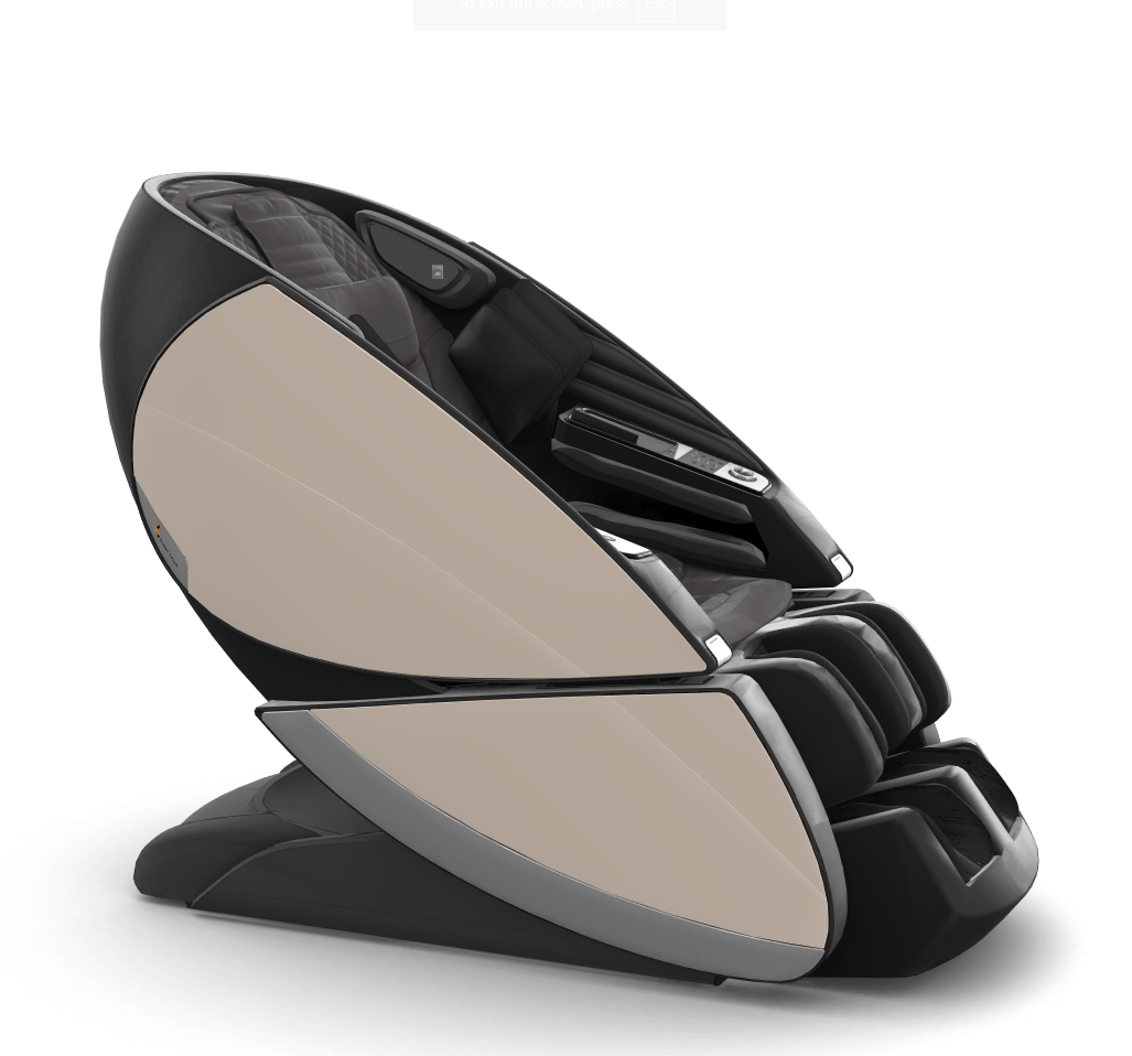 Super Novo X massage chair in black and beige with teardrop design and upward-pivoting doors showcasing luxurious comfort features
