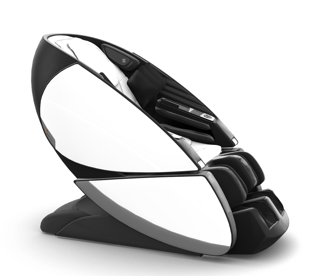 Super Novo X Massage Chair in black and white modern design with sleek teardrop shape and ergonomic reclining position